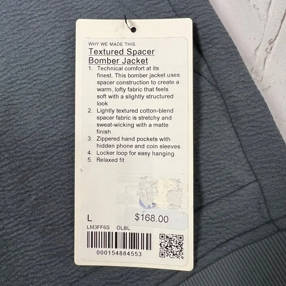 Lululemon Textured Spacer Bomber Jacket Gray Mens Size L Technical Pocket NWT